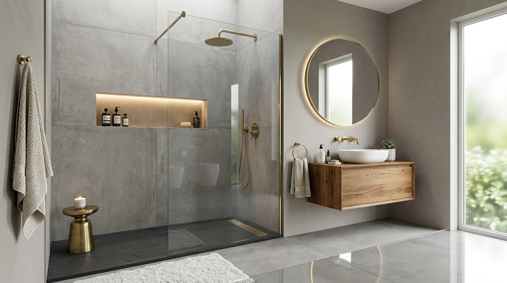 Luxury modern walk-in shower with frameless glass panel, brushed brass rainfall showerhead, and large porcelain tiles.