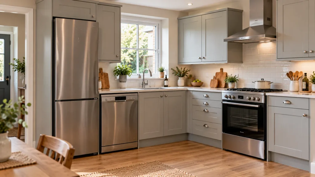Stainless-steel freestanding fridge-freezer and cooker in a modern kitchen