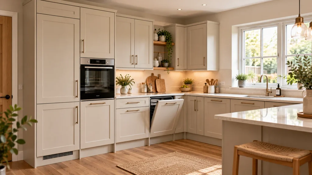 Integrated fridge-freezer and dishwasher concealed behind matching kitchen cabinet doors