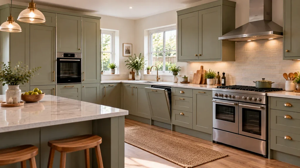 Fitted kitchen combining an integrated fridge-freezer and dishwasher with a freestanding range cooker