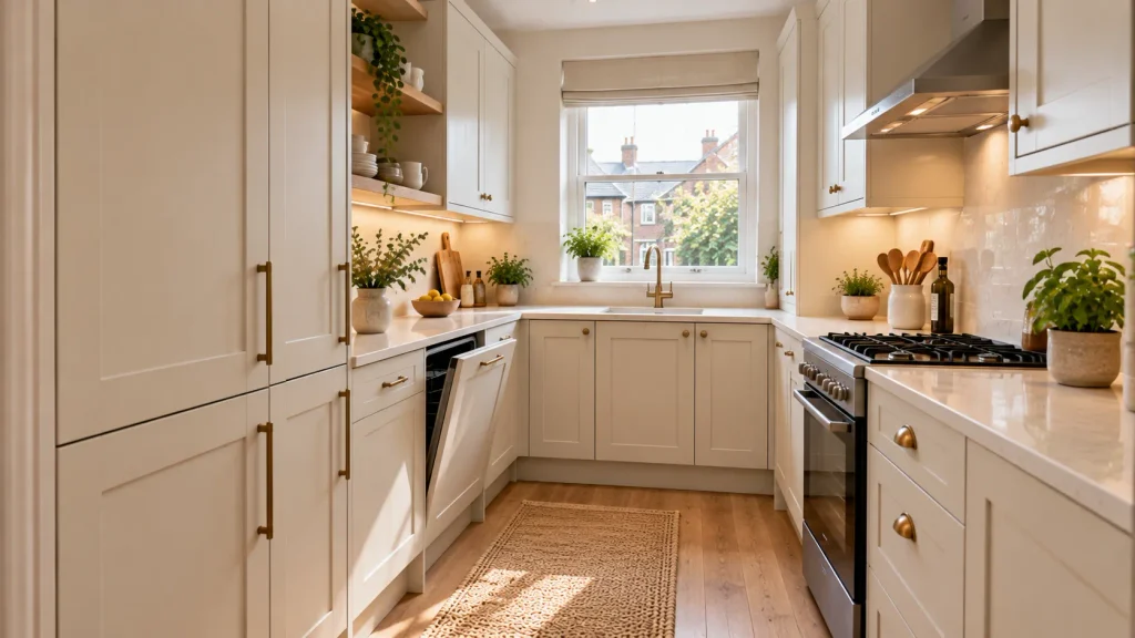 Compact kitchen combining integrated appliances with a freestanding cooker