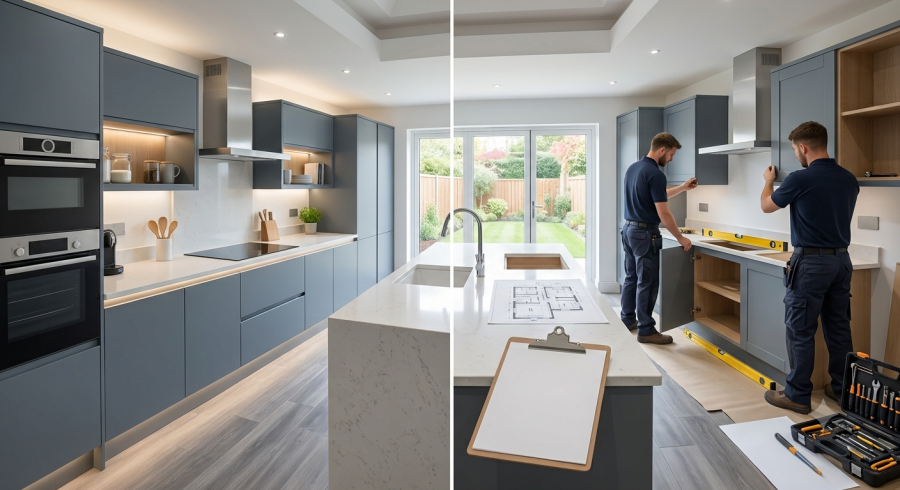 A split-screen view showing a fully completed modern UK kitchen with blue-grey cabinets and a quartz island on the left, and professional tradesmen installing cabinets