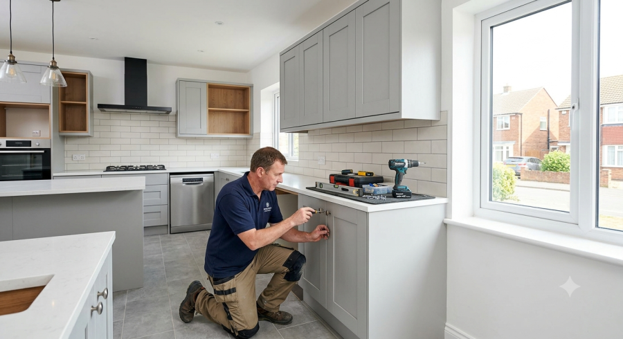 A professional kitchen fitter kneeling down to precisely install handles on modern grey shaker cabinets during a complete kitchen installation project in a Birmingham home.