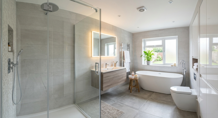 A modern redesigned bathroom in a UK home featuring large-format grey wall tiles, a glass walk-in shower, a floating wooden vanity with an LED mirror, and a freestanding bathtub by the window.