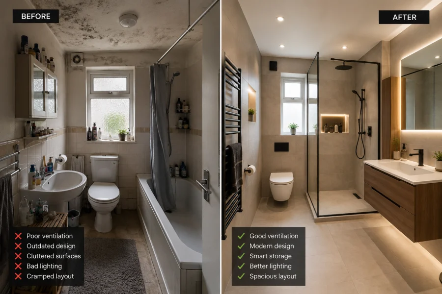 Modern bathroom renovation in Dudley showing common bathroom design mistakes and professional renovation solutions in a UK home interior.