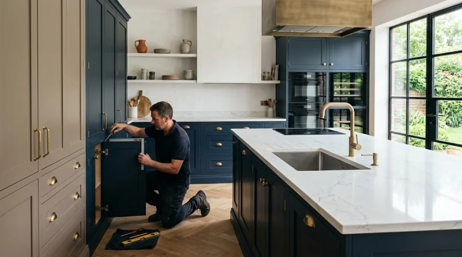 Luxury bespoke shaker kitchen featuring rigid-built cabinetry, quartz island, and brushed brass fixtures in a UK home.