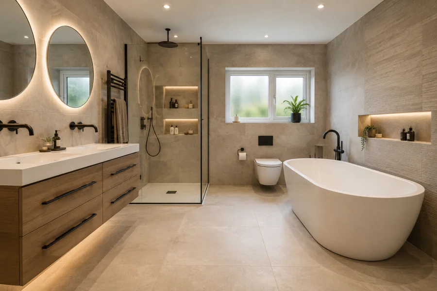 Modern family bathroom layout in a Walsall home with walk-in shower, freestanding bath, double vanity unit and contemporary storage design.