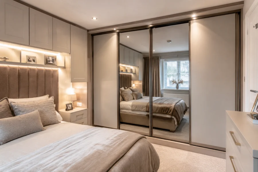 Modern fitted wardrobe ideas for a small bedroom in Wolverhampton with mirrored sliding doors and space-saving storage solutions
