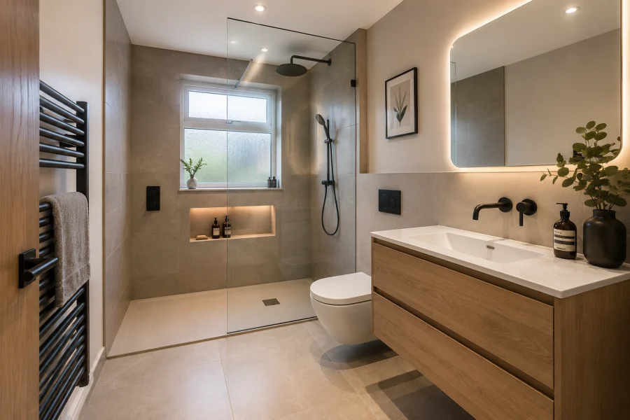 Modern small bathroom design in Dudley with walk-in shower and space-saving storage solutions