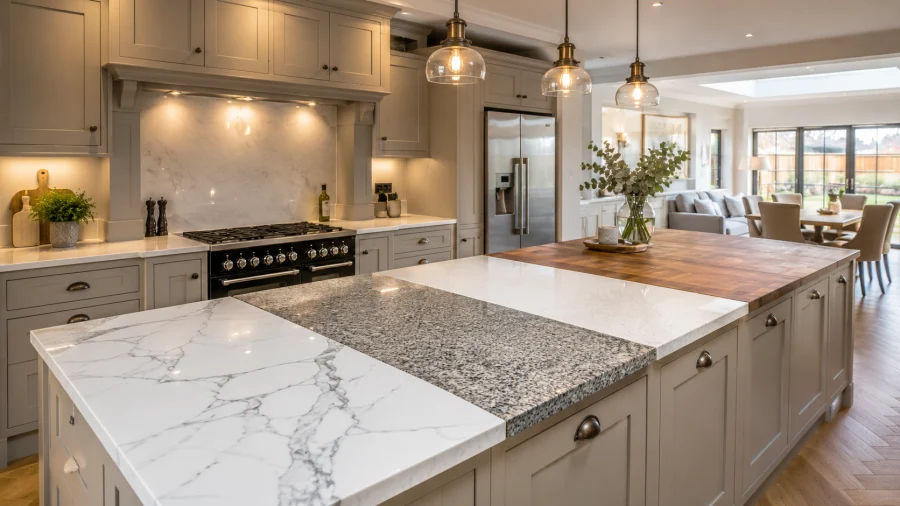 Modern South Staffordshire kitchen with quartz, granite and porcelain worktop options displayed in a luxury family home.
