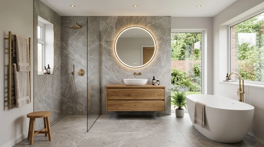 Modern luxury bathroom renovation in Wolverhampton featuring a freestanding bathtub, floating vanity, and walk-in shower.