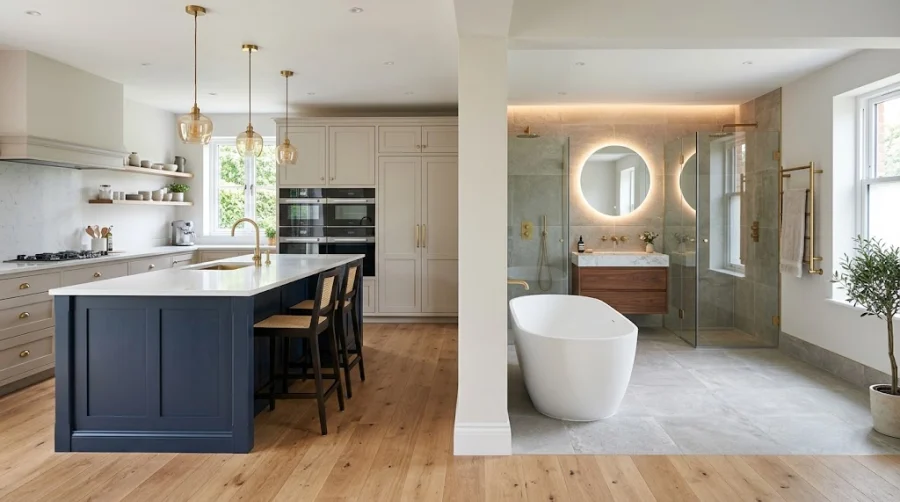 Luxury bespoke kitchen and modern bathroom renovation display featuring a quartz island and freestanding bathtub in Wolverhampton.