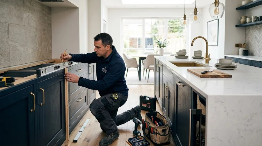 Professional kitchen fitter leveling bespoke cabinetry during an installation in a Wolverhampton home.