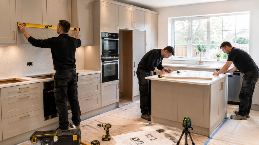 Professional kitchen installers fitting cabinets and quartz worktops during a modern kitchen installation in a UK home.