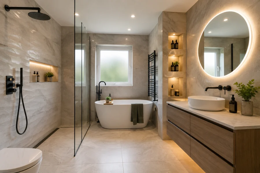 Luxury bathroom renovation in Dudley featuring a walk-in shower, freestanding bath, floating vanity unit and marble-effect tiles in a modern UK home.