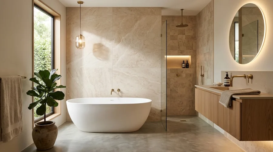 Modern 2026 bathroom design featuring a freestanding bathtub, fluted oak vanity, brushed brass taps, and large-format porcelain tiles.