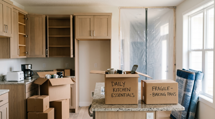 A clean view inside a kitchen being packed up for renovation, featuring stacked and labeled cardboard boxes filled with kitchen appliances and utensils next to an existing kitchen island