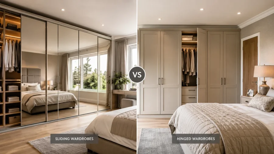 Sliding wardrobes and hinged wardrobes comparison in a modern South Staffordshire fitted bedroom