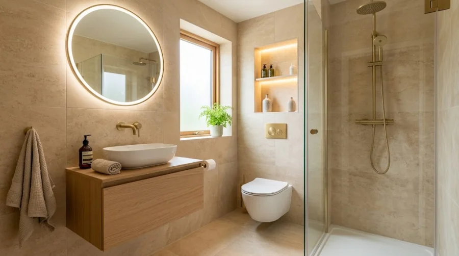 Compact modern UK bathroom design featuring a floating vanity unit, wall-hung toilet, and frameless walk-in shower.