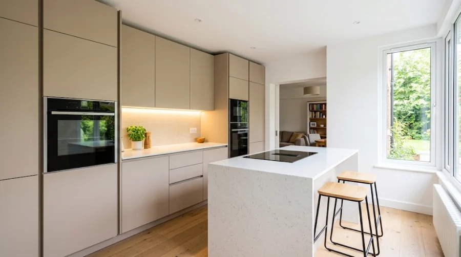 Compact modern UK kitchen featuring handleless cashmere cabinets, slimline appliances, and an integrated breakfast bar.