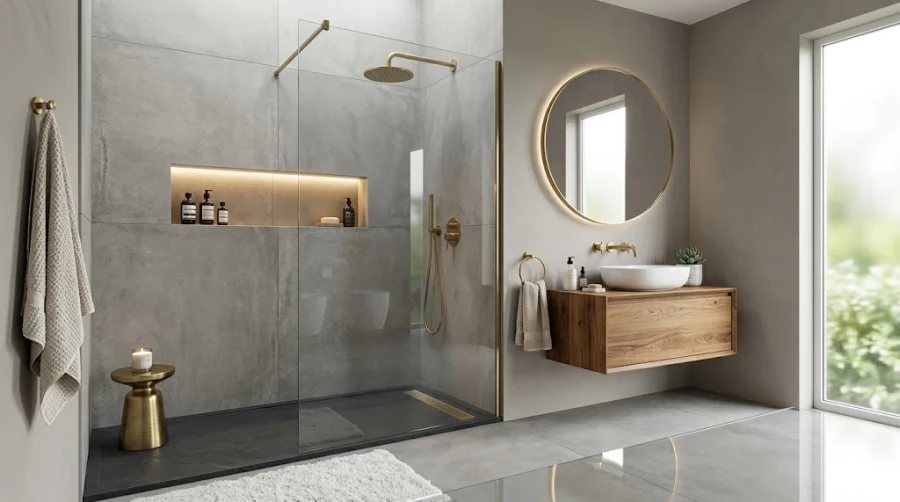 Luxury modern walk-in shower with frameless glass panel, brushed brass rainfall showerhead, and large porcelain tiles.